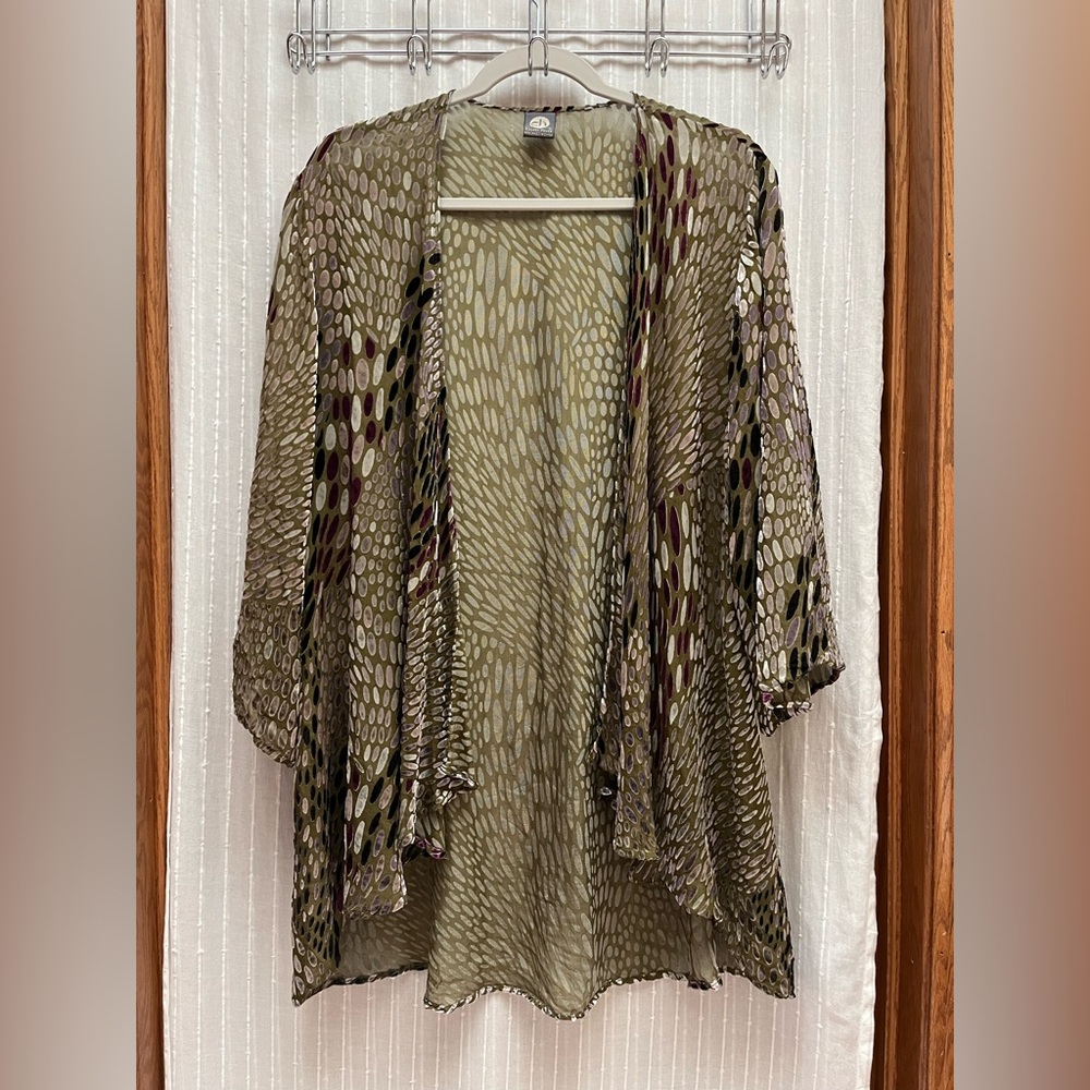 Cocoon House Olive&Purple Velvet Burnout Kimono Cardigan L/XL Silk Blend